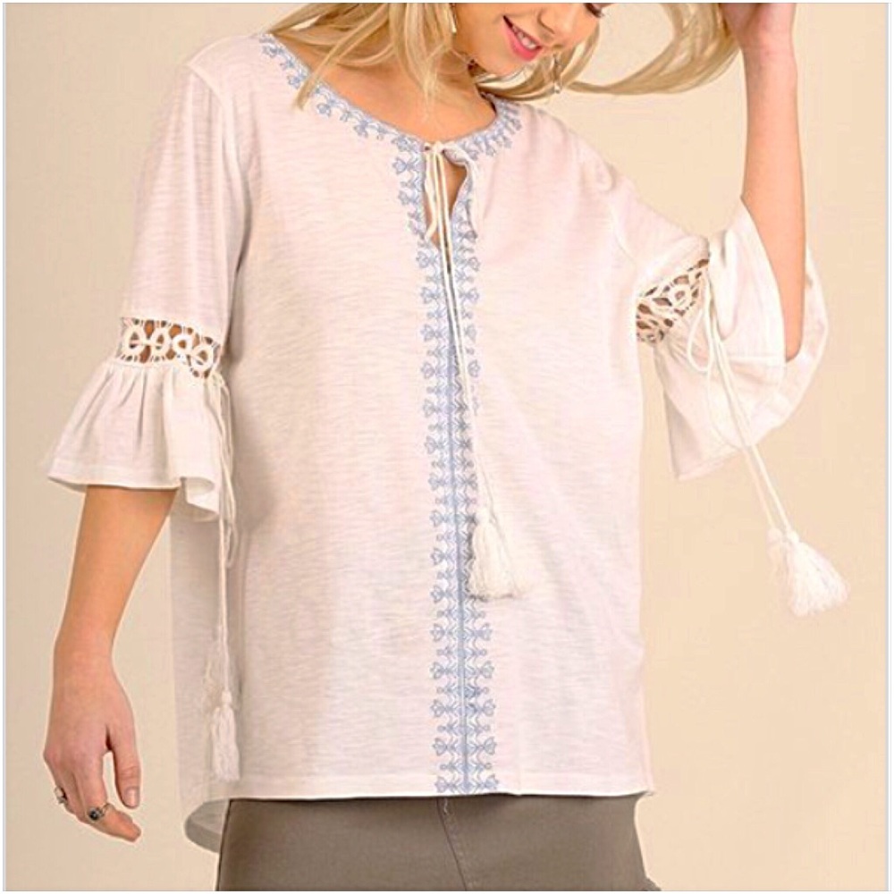 Boho Chic Embroidered Flowy Tassel Top S/M - Picture 4 of 8